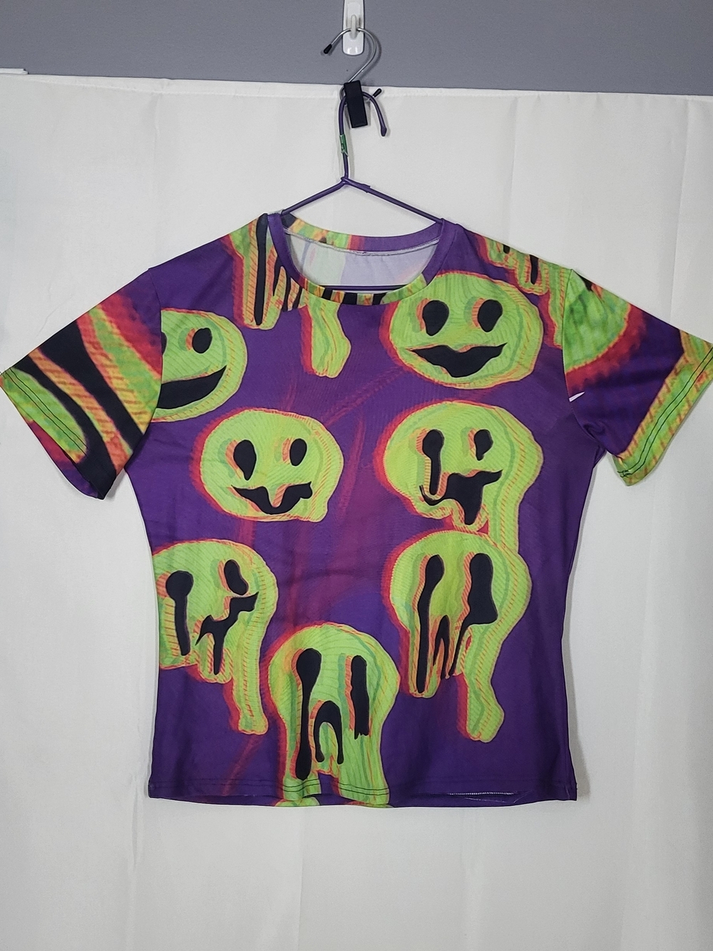 Purple Short-Sleeve Graphic Tee with Neon Green Smiley Faces